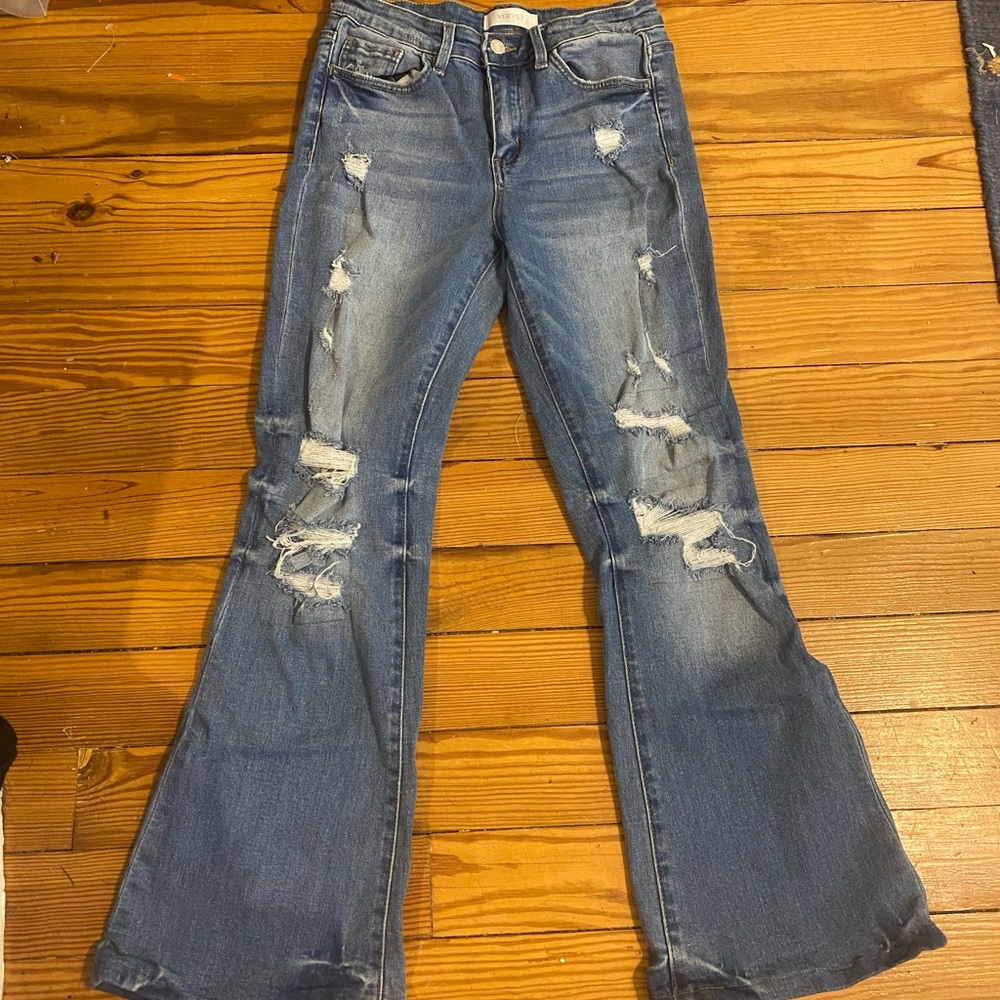 Women's Distressed Flare Blue Jeans By Vervet 28